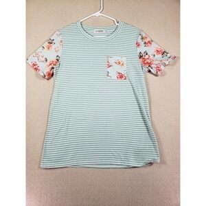 Moking Top Shirt Womens Large L Cotton Blend Floral Knit Stretch Short‎ Sleeve